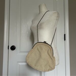 Beige Suede Exterior Kiss Lock Clasp Silver Chain Shoulder Strap Crossbody Bag